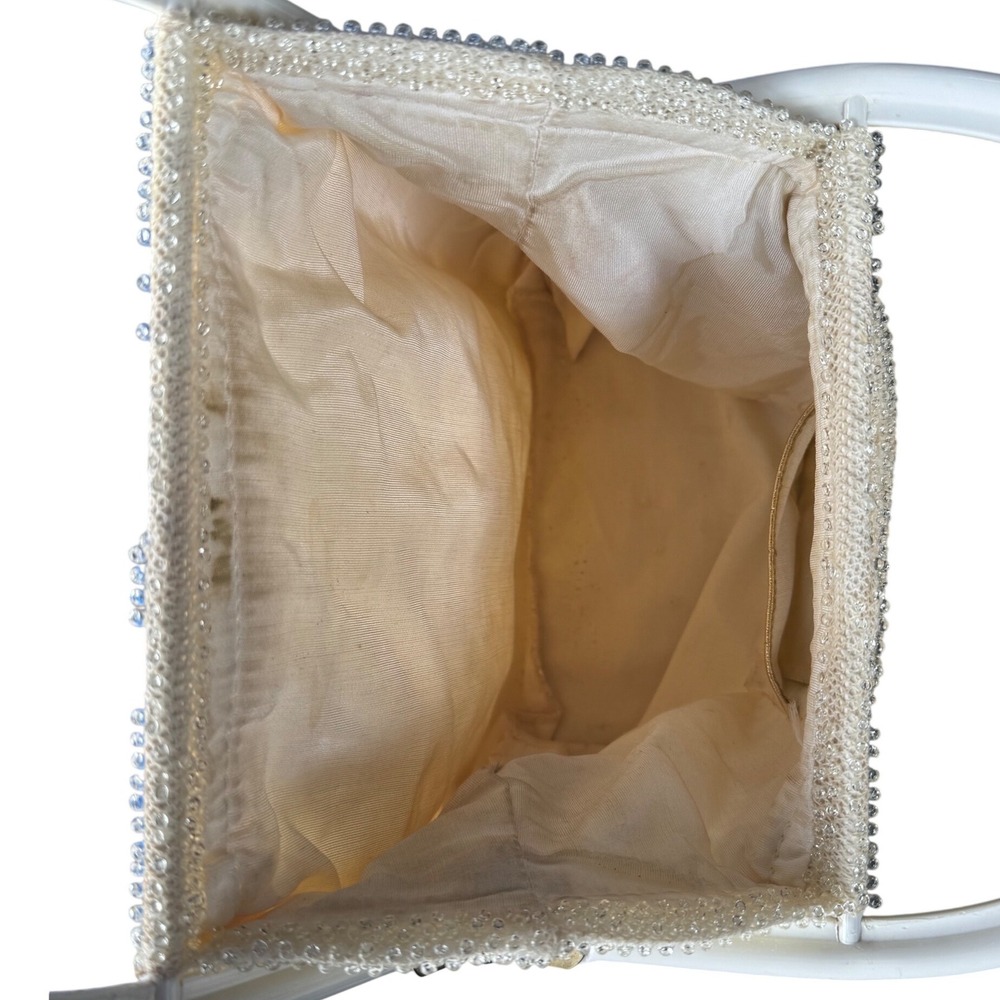 Vintage Cream Beaded Top Handle Evening Bag Mid Century Bridal Purse Off White - Picture 7 of 7
